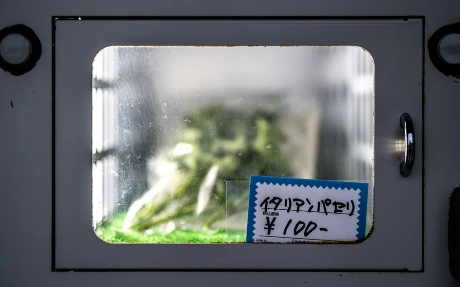 A vending machine window displaying Italian parsley priced at 100 yen in Japan.