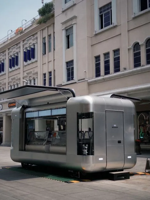 A sleek mobile food kiosk set against a historical cityscape, offering a blend of modern and classic architecture.