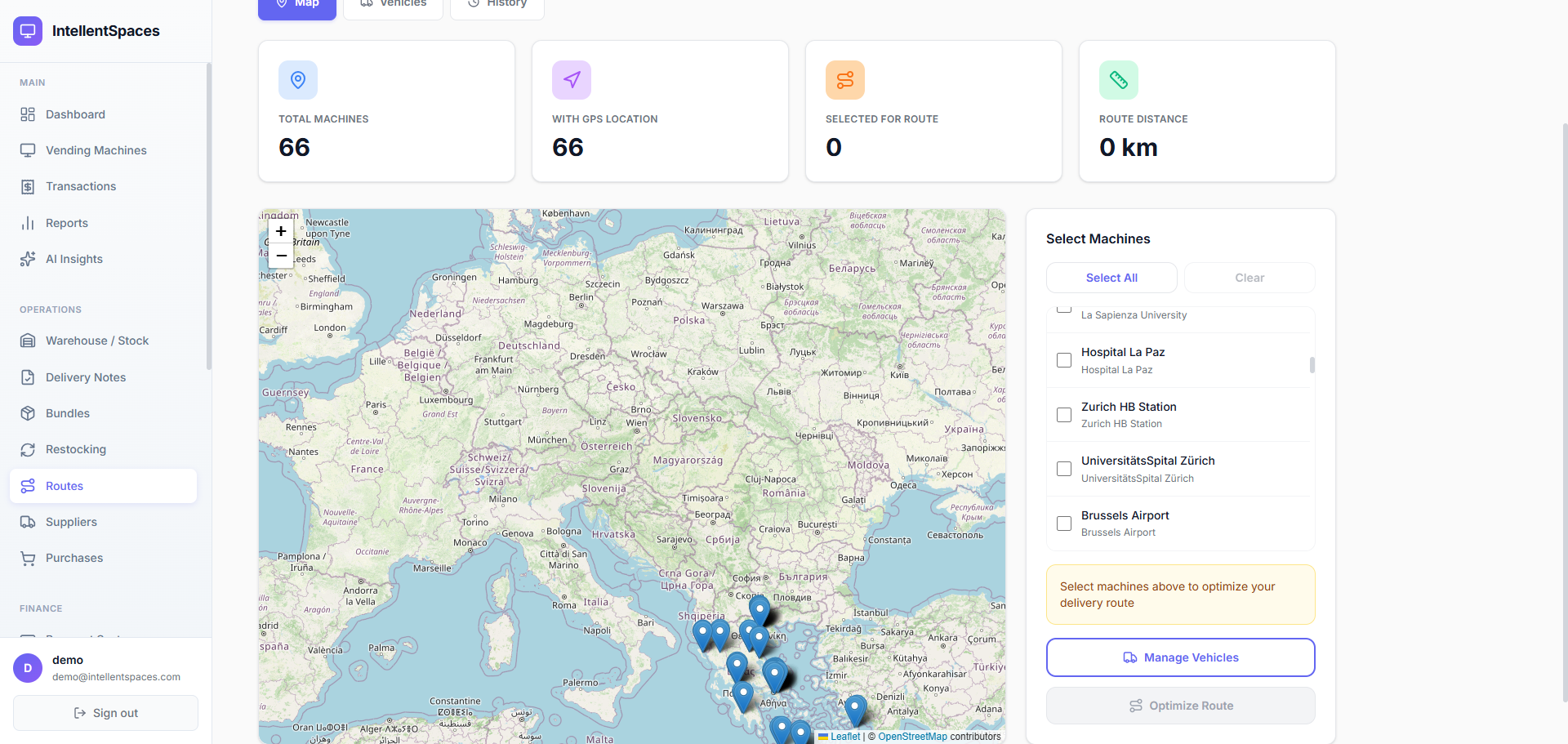 IntellentSpaces Route Optimisation — machines across Europe