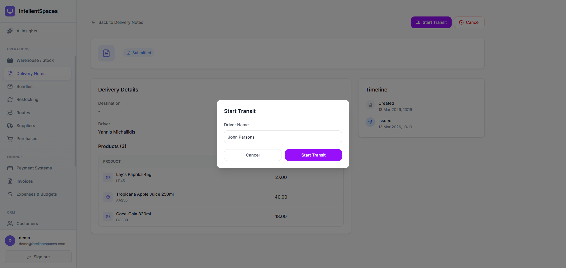 Start Transit modal with driver name input