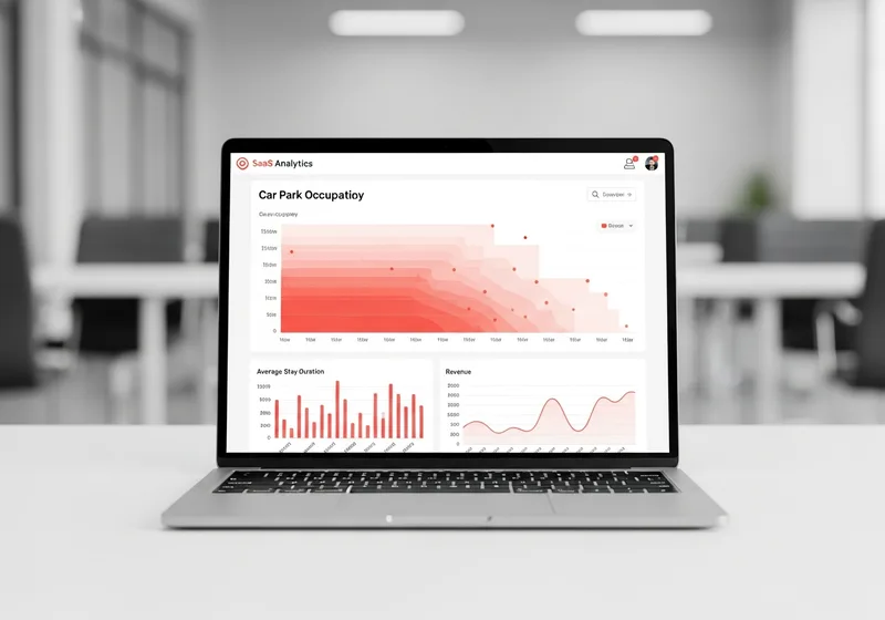 Laptop with a car park analytics dashboard showing occupancy and revenue charts
