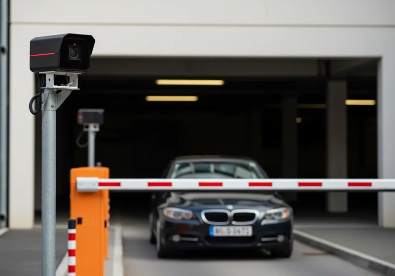 License plate recognition camera at a car park entrance barrier