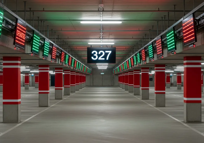 Car park interior with LED occupancy indicators and a free-spaces counter display