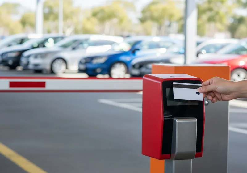 Driver tapping a contactless card on a payment terminal at a car park exit barrier