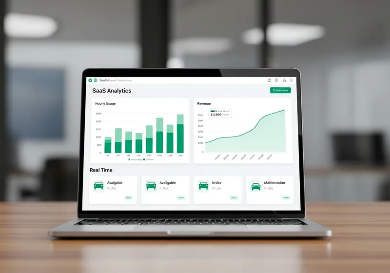 Laptop with a car wash analytics dashboard showing usage and revenue charts