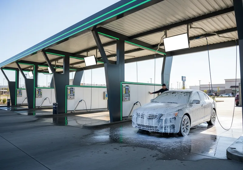 Self-service car wash bays with a car being washed and status displays