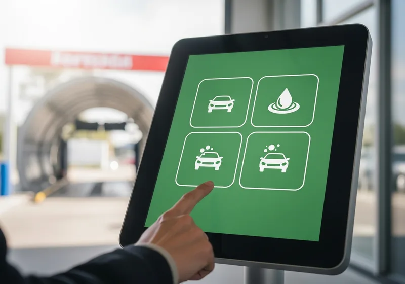 Customer selecting a wash program on a touchscreen kiosk at a car wash