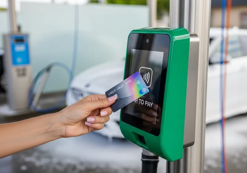 Customer tapping a contactless card on a payment terminal at a car wash bay