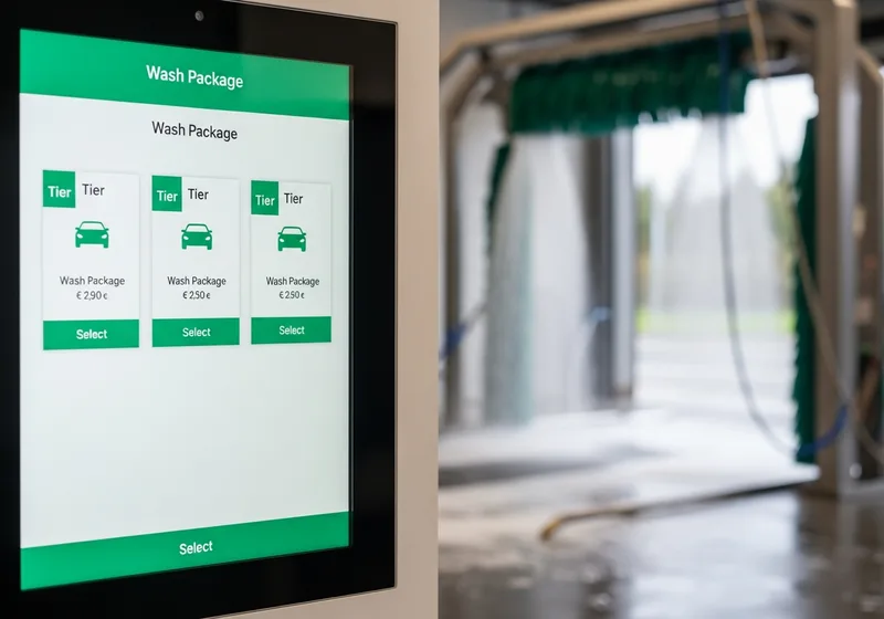 Touchscreen showing wash package options with tiered pricing