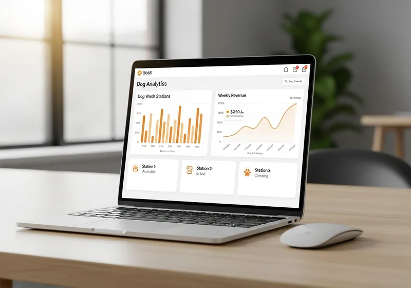 Laptop with a dog wash analytics dashboard showing usage and revenue charts