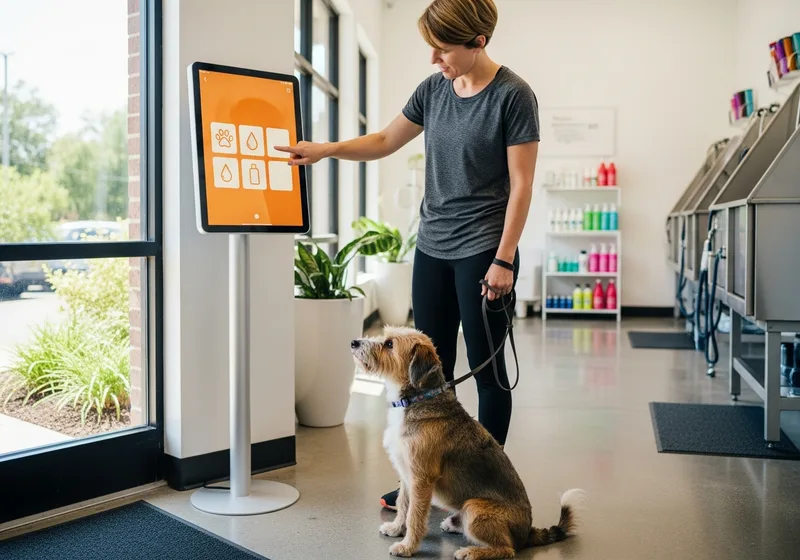 Pet owner with a dog using a self-service kiosk touchscreen