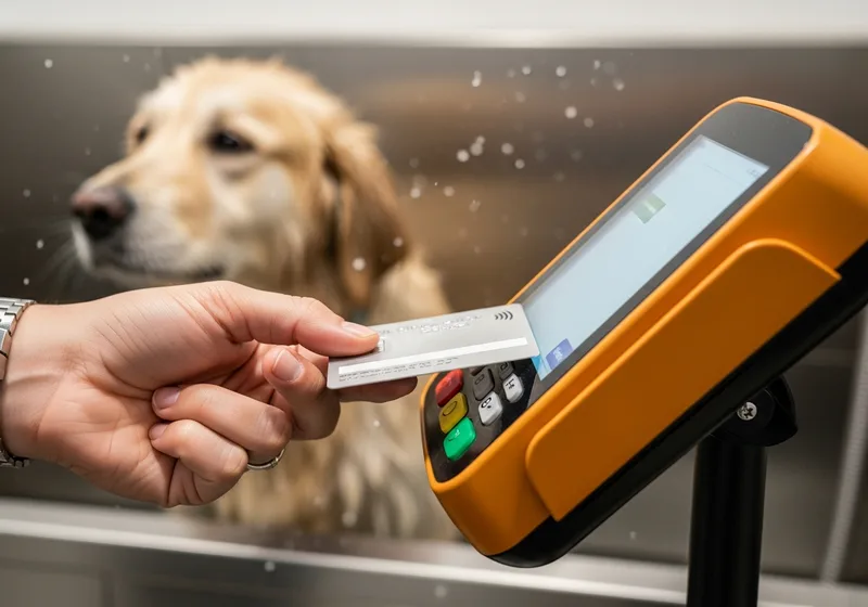 Pet owner tapping a contactless card on a payment terminal at a dog wash station
