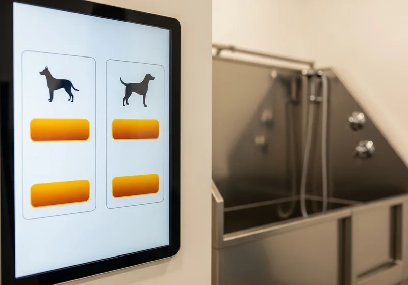 Touchscreen showing dog wash pricing options by dog size