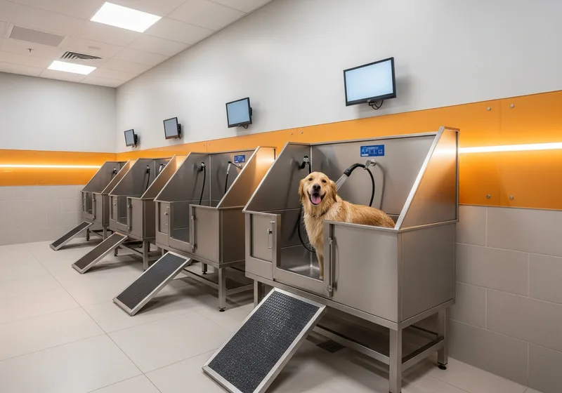 Self-service dog wash stations with a golden retriever in a wash tub