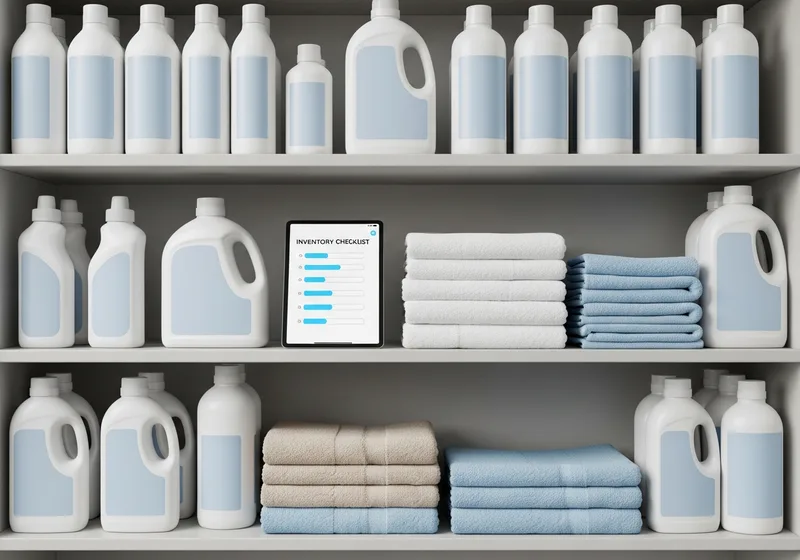 Laundry supplies shelf with inventory tracking app