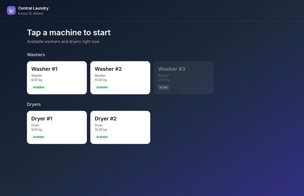 Self-service touchscreen kiosk for selecting and paying for machines