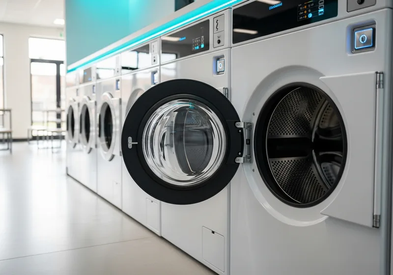 Row of modern washers with live status indicators