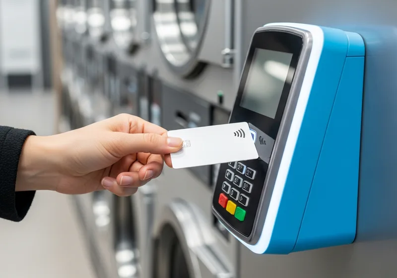 Customer paying by contactless card at a laundromat terminal